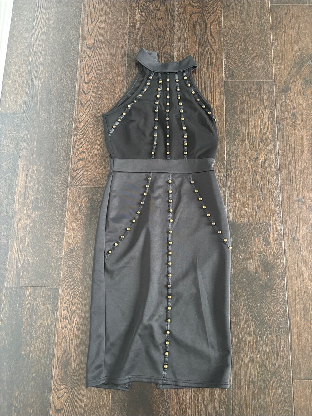 Black Stud-Embellished Halter Sheath Dress